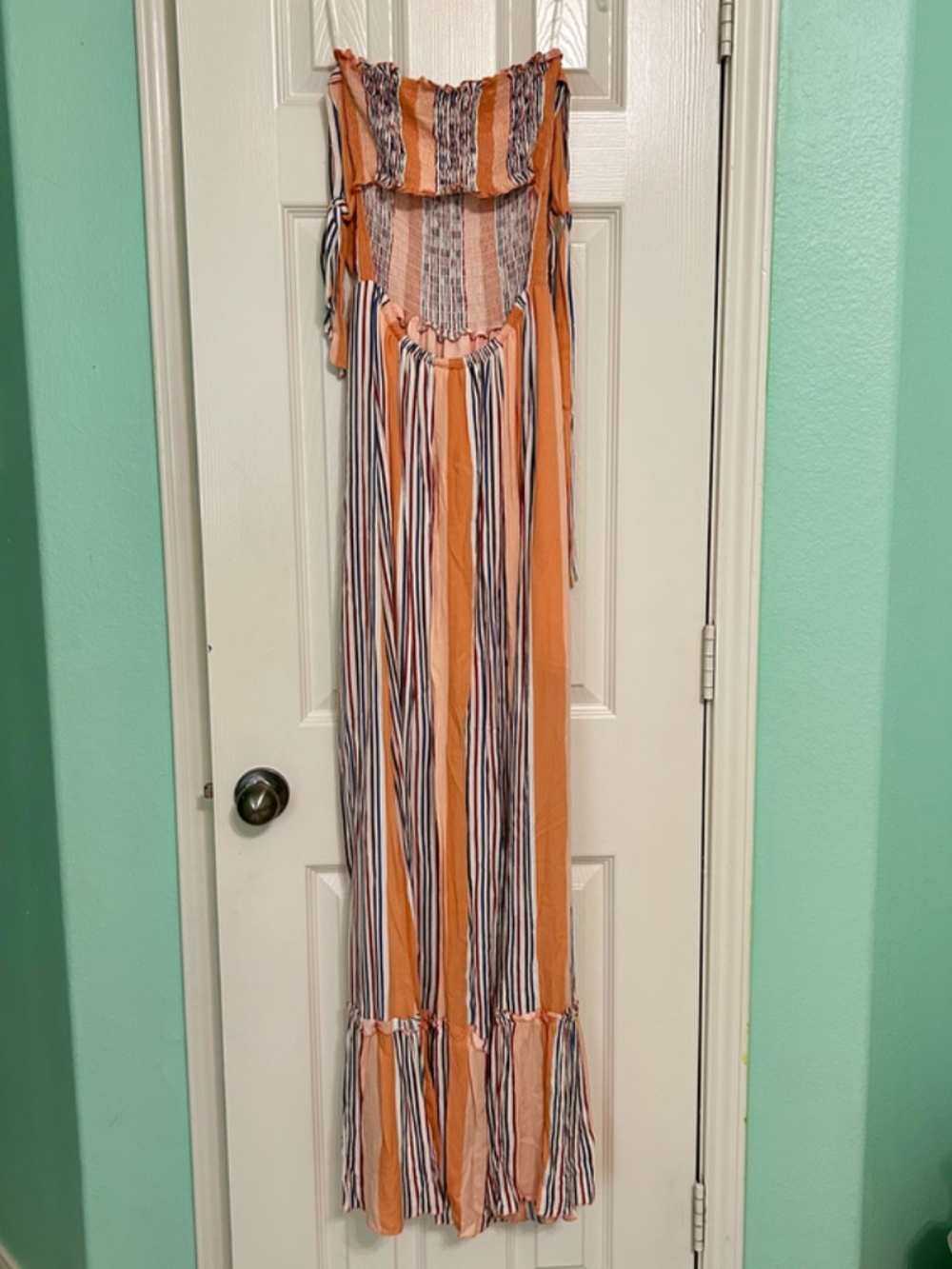 Altar'd State Orange Stripe Maxi Dress Gauzy Smocked Tie Shoulders Ruffle Small - Picture 6 of 12
